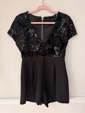 Windsor Black Sequin Romper Deep V Party Romper Holiday NYE Festival Disco